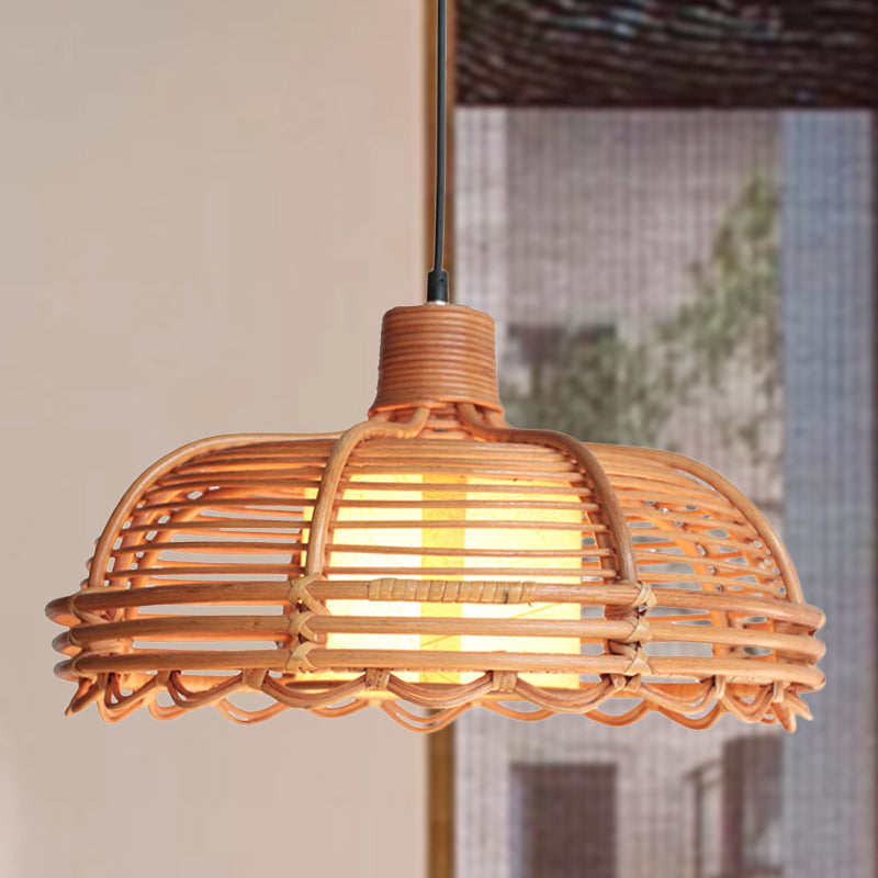 Shallow Bowl Bamboo Braided Drop Lamp Chinese Style 1 Head Beige Ceiling Pendant with Cylinder Shade Inside