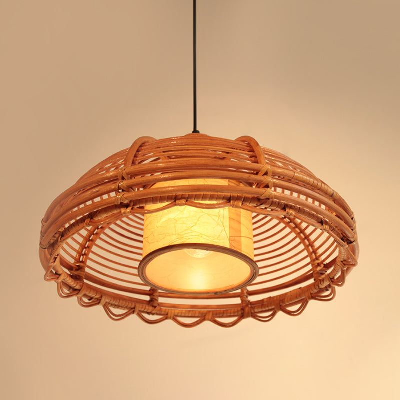 Shallow Bowl Bamboo Braided Drop Lamp Chinese Style 1 Head Beige Ceiling Pendant with Cylinder Shade Inside