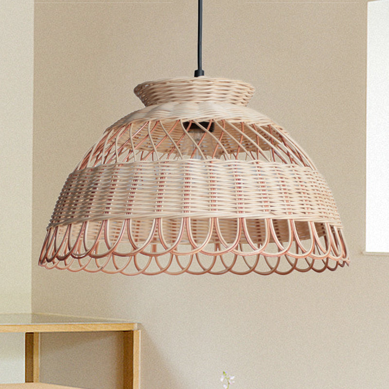 Hollowed Scalloped Bowl Pendant Lighting Asian Bamboo Single-Bulb Khaki Ceiling Lamp