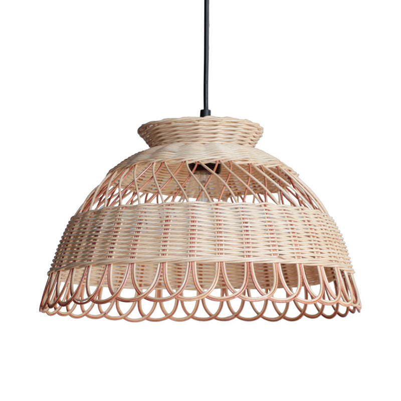Hollowed Scalloped Bowl Pendant Lighting Asian Bamboo Single-Bulb Khaki Ceiling Lamp