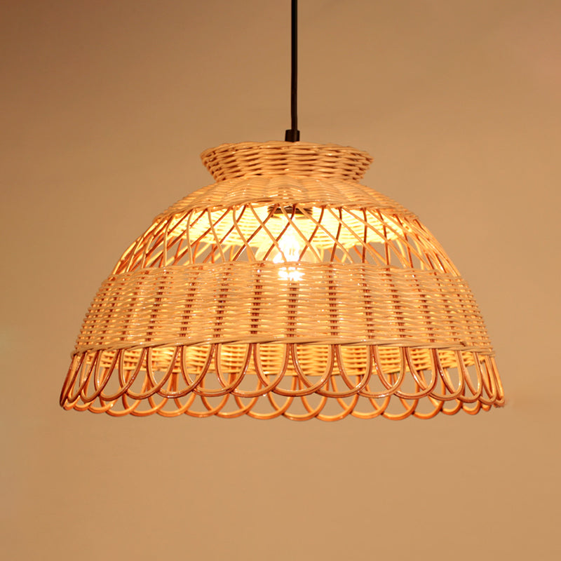 Hollowed Scalloped Bowl Pendant Lighting Asian Bamboo Single-Bulb Khaki Ceiling Lamp