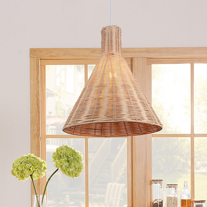 Conical Bamboo Suspension Pendant Asia 14/16 Inches Wide 1 Head Khaki Hanging Lamp Kit