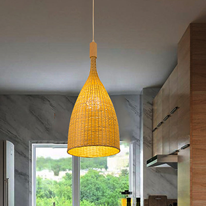 Single Restaurant Suspension Lamp Asia Beige Pendant Light with Funnel Bamboo Shade