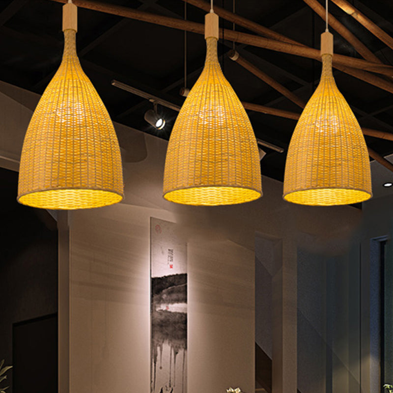 Single Restaurant Suspension Lamp Asia Beige Pendant Light with Funnel Bamboo Shade