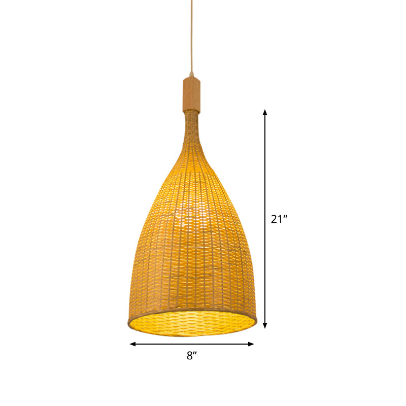 Single Restaurant Suspension Lamp Asia Beige Pendant Light with Funnel Bamboo Shade