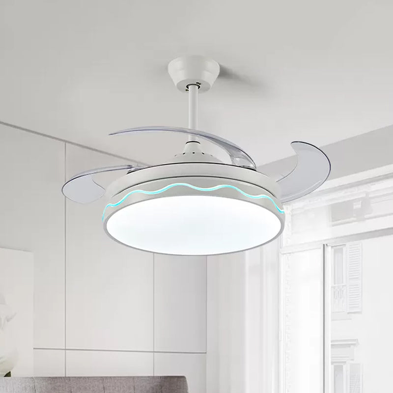White Round Hanging Fan Lamp Nordic Style Acrylic Living Room LED 4 Blades Semi Flush Mount, Remote/Wall Control/Frequency Conversion and Remote Control, 42" Wide
