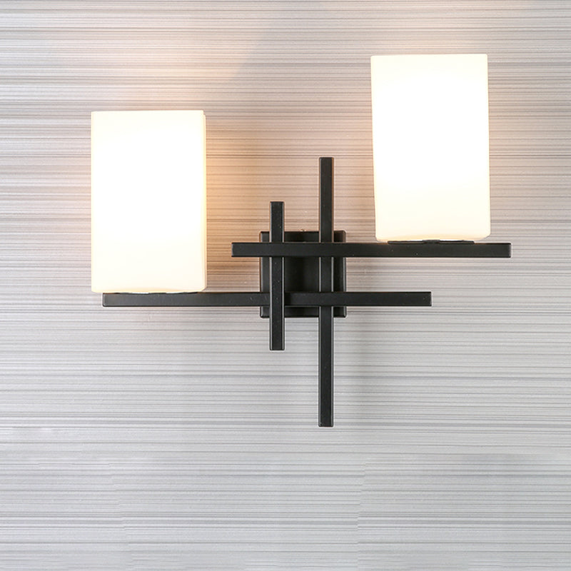 2 Bulbs Cylinder Wall Sconce Rustic White/Clear Glass Wall Lighting Fixture with Straight Arm for Living Room