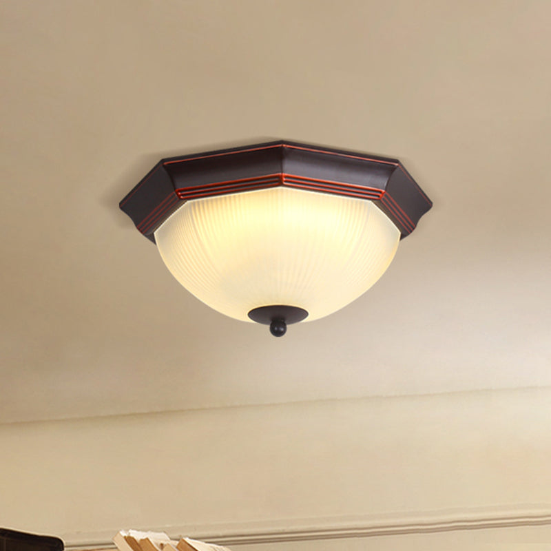 Octagon Bedroom Flush Mount Retro Prismatic White Glass 3-Light Black Ceiling Mounted Light