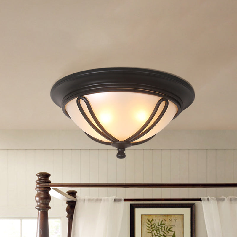 Antique Bowl Flush Light 4 Bulbs Milk Glass Flush Mount Lamp in Black with Metal Cage Frame