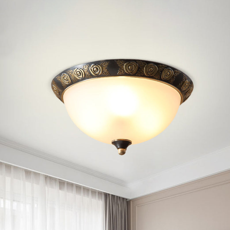 Milk Glass Black Ceiling Lamp Dome Shade 3-Head Traditional Flush Mount with Leaf/Flower Trim