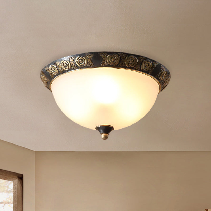 Milk Glass Black Ceiling Lamp Dome Shade 3-Head Traditional Flush Mount with Leaf/Flower Trim