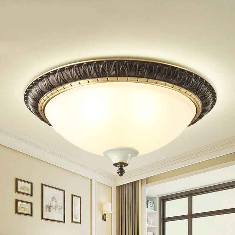 Milk Glass Black Ceiling Lamp Dome Shade 3-Head Traditional Flush Mount with Leaf/Flower Trim