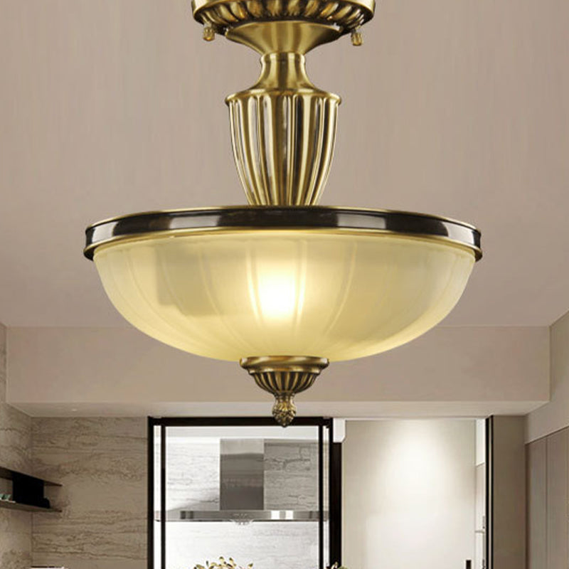 2-Bulb Semi Mount Lighting Retro Dome Frosted Glass Ceiling Light with Urn-Shaped Metal Rod in Gold