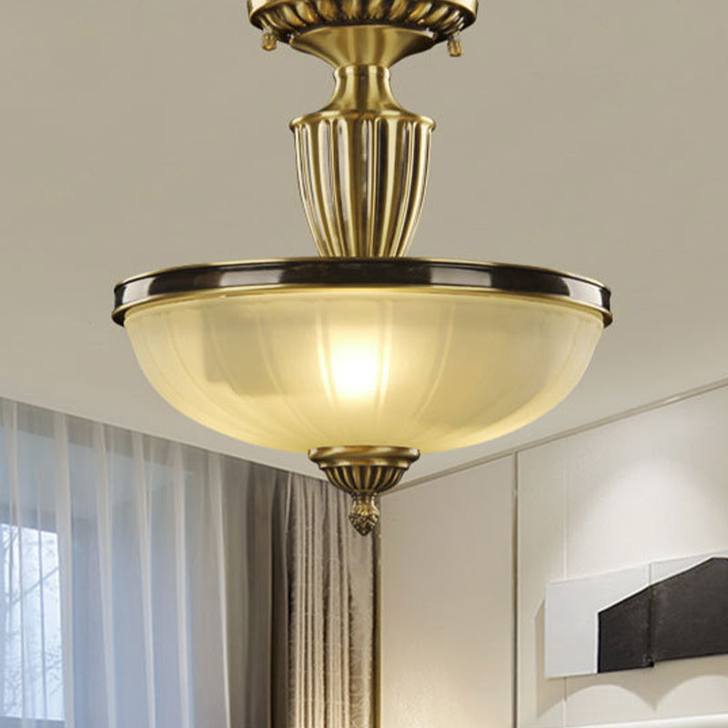 2-Bulb Semi Mount Lighting Retro Dome Frosted Glass Ceiling Light with Urn-Shaped Metal Rod in Gold