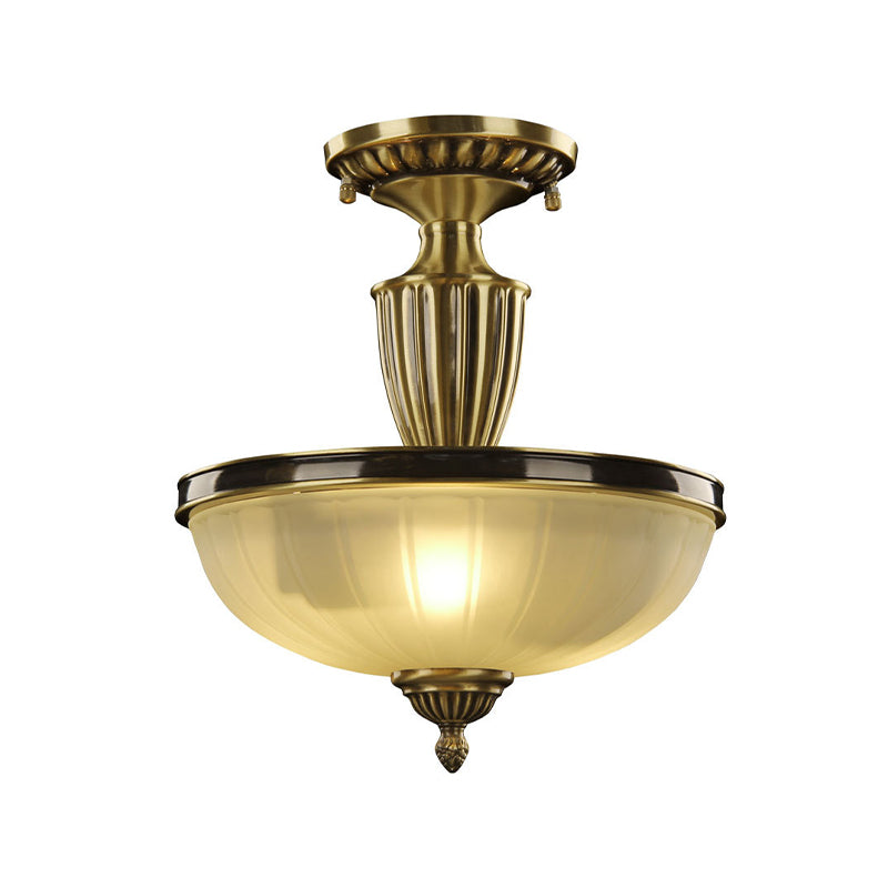 2-Bulb Semi Mount Lighting Retro Dome Frosted Glass Ceiling Light with Urn-Shaped Metal Rod in Gold