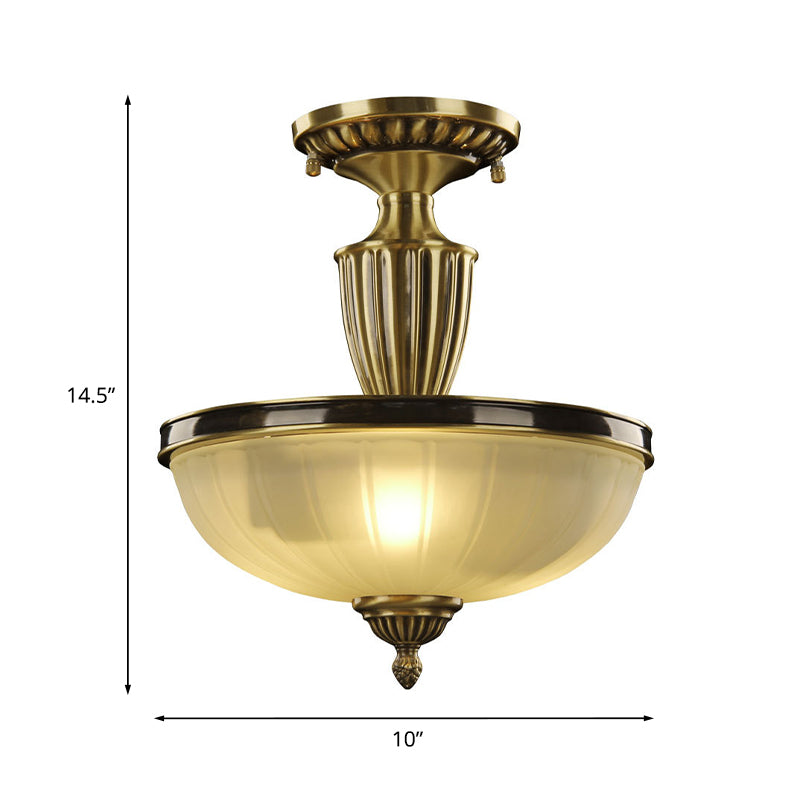 2-Bulb Semi Mount Lighting Retro Dome Frosted Glass Ceiling Light with Urn-Shaped Metal Rod in Gold