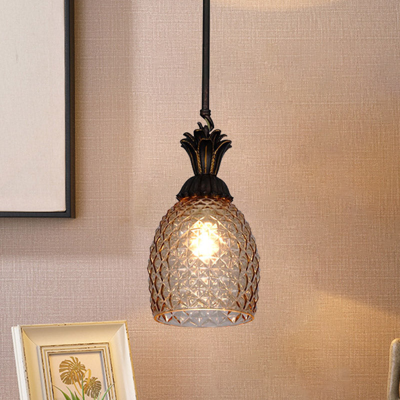 Retro Pineapple Pendant Ceiling Light 1 Bulb Prismatic Glass Hanging Lamp in Black for Restaurant