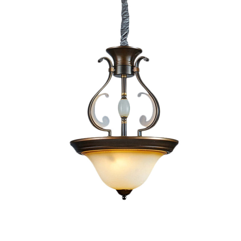 Bell Beige Glass Chandelier Lamp Antique 4-Light Kitchen Pendant Light Fixture with Curved Arm