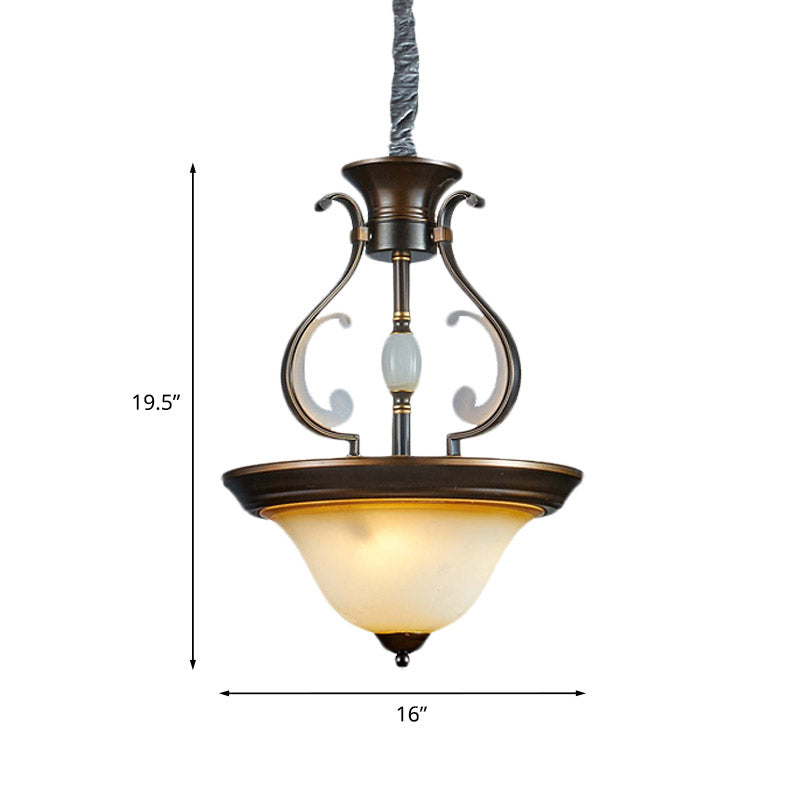 Bell Beige Glass Chandelier Lamp Antique 4-Light Kitchen Pendant Light Fixture with Curved Arm