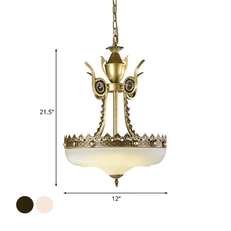 12"/16" W Cream Glass Inverted Chandelier Traditionalist 3 Lights Dining Room Hanging Light Fixture in Beige/Brass