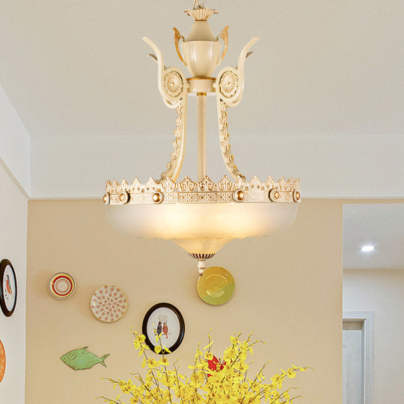 12"/16" W Cream Glass Inverted Chandelier Traditionalist 3 Lights Dining Room Hanging Light Fixture in Beige/Brass