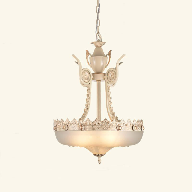 12"/16" W Cream Glass Inverted Chandelier Traditionalist 3 Lights Dining Room Hanging Light Fixture in Beige/Brass