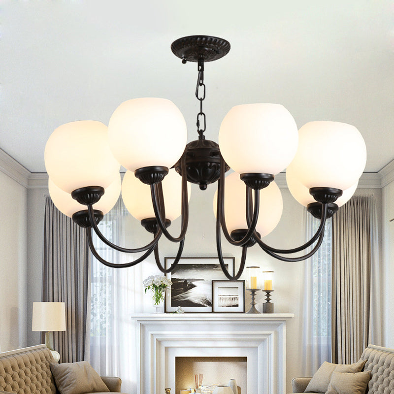 8 Lights Globe Chandelier Pendant Light Traditional Black Finish White Glass Up Hanging Lamp