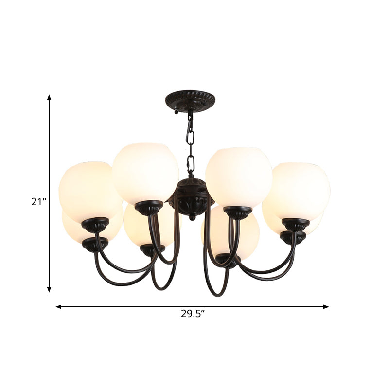 8 Lights Globe Chandelier Pendant Light Traditional Black Finish White Glass Up Hanging Lamp