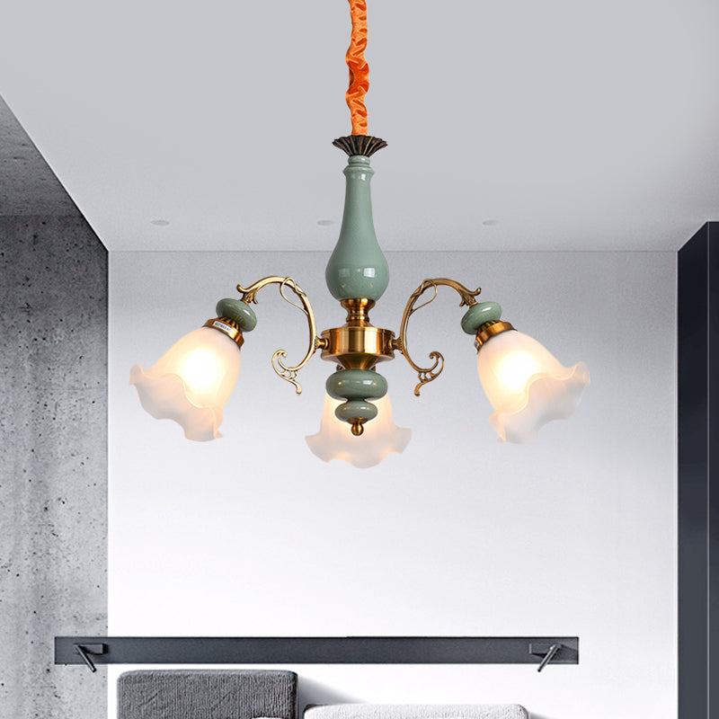 Lampadario a soffitto in vetro di fiori di fiori tradizionale 3/5 teste soggiorno luce a pendolo in azzurro/peltro