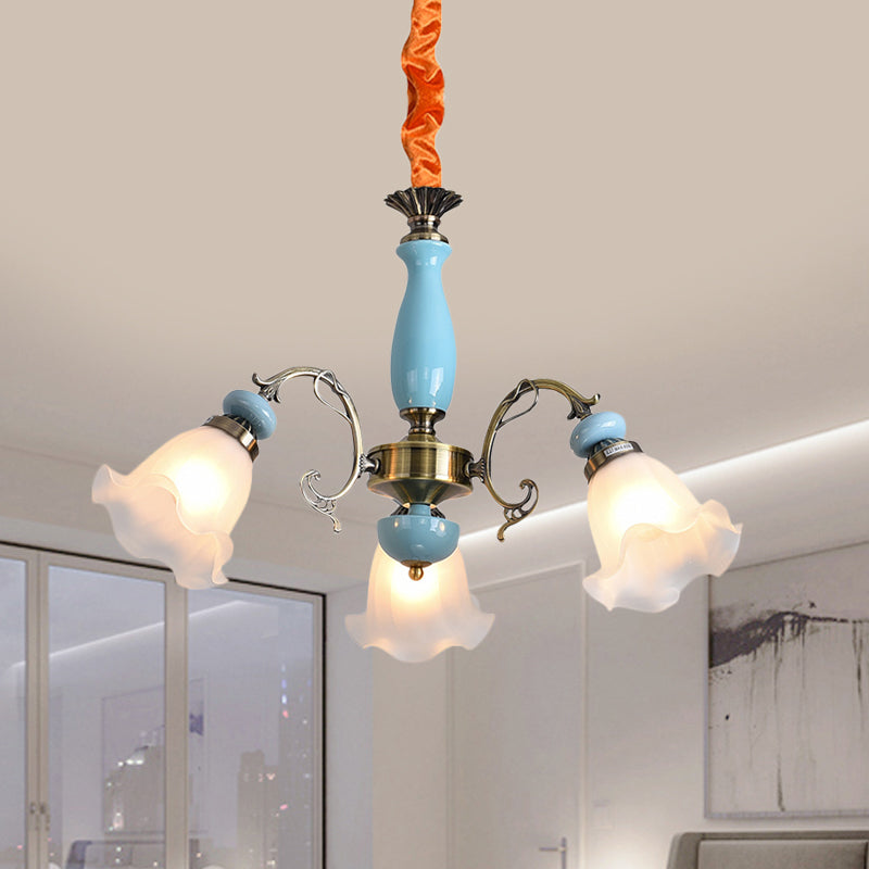 Lampadario a soffitto in vetro di fiori di fiori tradizionale 3/5 teste soggiorno luce a pendolo in azzurro/peltro