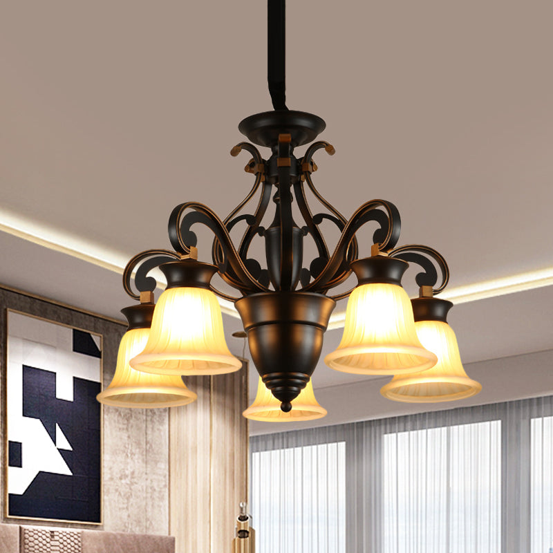Black 3/5-Light Ceiling Chandelier Antiqued Frosted Glass Bell Shaped Up/Down Hanging Lamp Kit