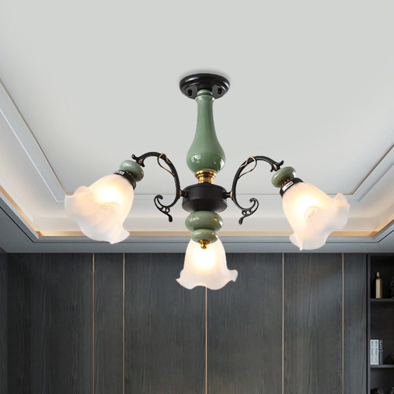 Gold/Black Floral Semi Mount Lighting Traditional Opal Glass 3/5 Heads Bedroom Close to Ceiling Lamp