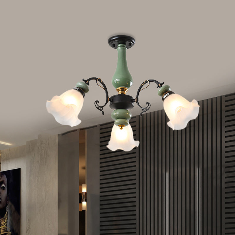 Gold/Black Floral Semi Mount Lighting Traditional Opal Glass 3/5 Heads Bedroom Close to Ceiling Lamp