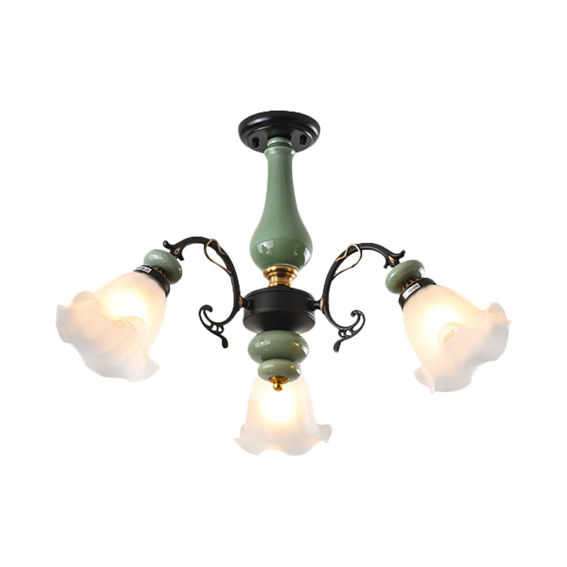 Gold/Black Floral Semi Mount Lighting Traditional Opal Glass 3/5 Heads Bedroom Close to Ceiling Lamp