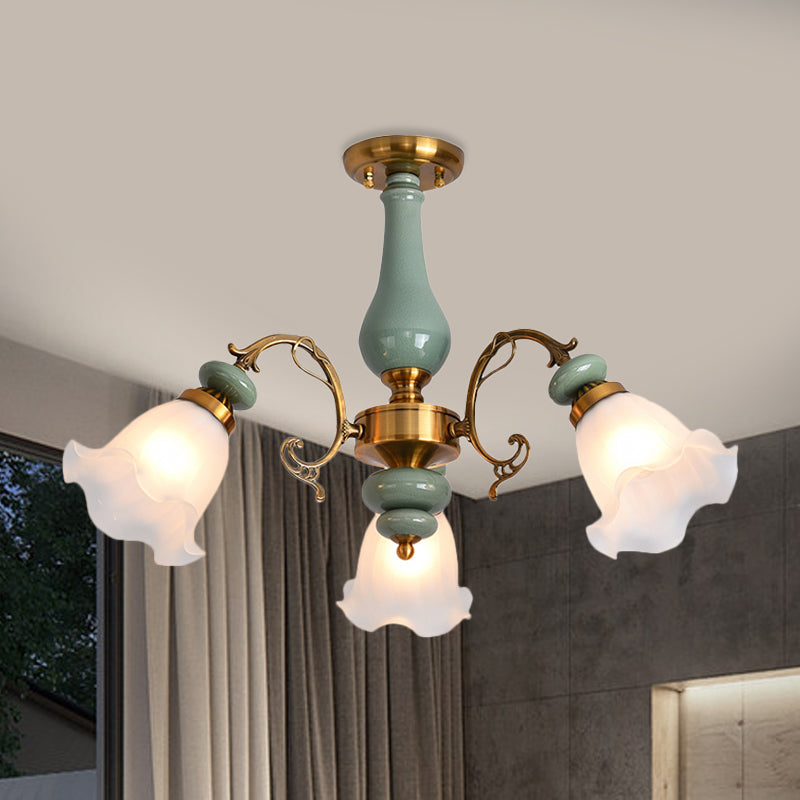 Gold/Black Floral Semi Mount Lighting Traditional Opal Glass 3/5 Heads Bedroom Close to Ceiling Lamp