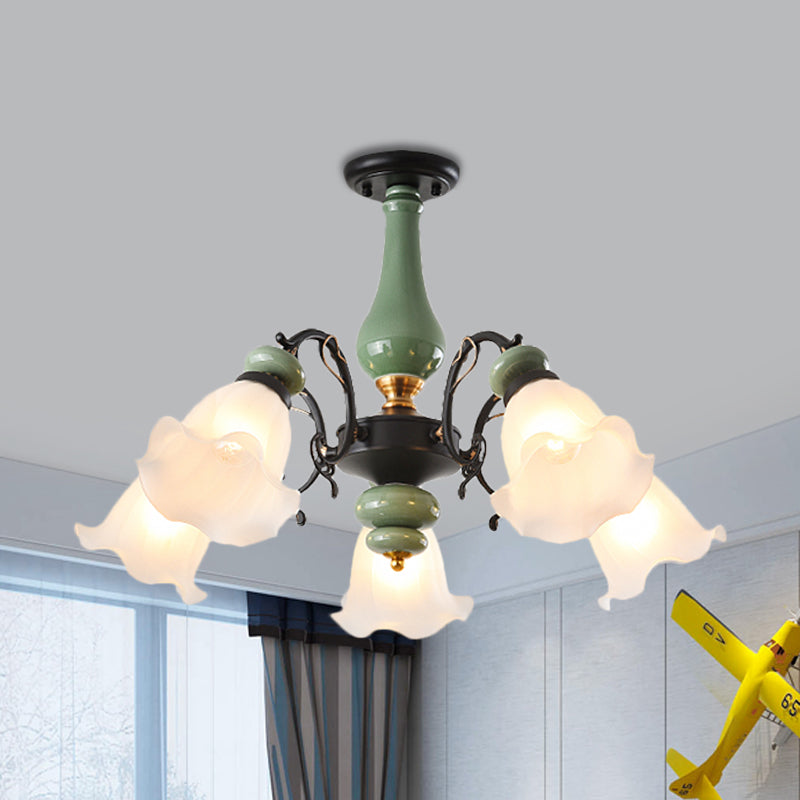 Gold/Black Floral Semi Mount Lighting Traditional Opal Glass 3/5 Heads Bedroom Close to Ceiling Lamp