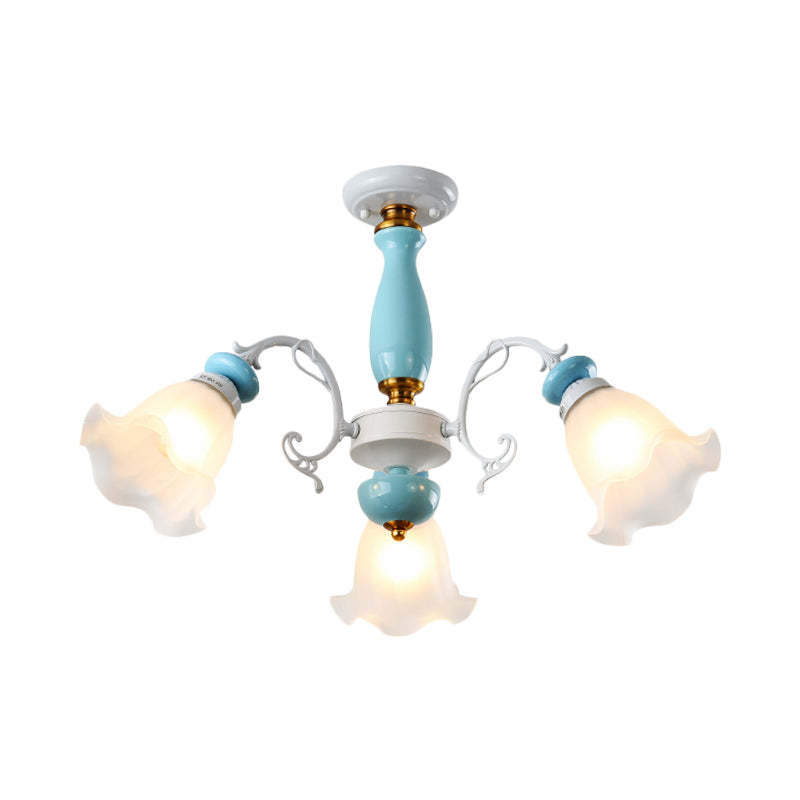 Floral White Glass Semi-Flush Ceiling Light Traditional 3/5 Lights Bedroom Flush Mount Lamp in Light Blue
