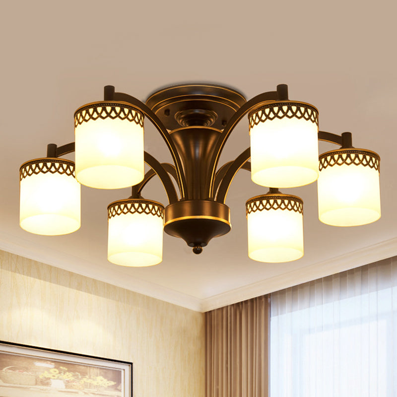Traditional Cylinder Semi Flush Lighting 3/6/8 Bulbs Frosted Glass Flush Mount Ceiling Lamp in Black