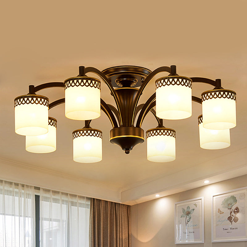Traditional Cylinder Semi Flush Lighting 3/6/8 Bulbs Frosted Glass Flush Mount Ceiling Lamp in Black