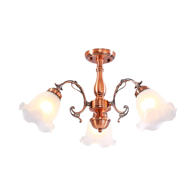Copper 3/5/8 Lights Semi Flush Mount Lighting Country Cream Glass Flower Shape Flushmount Lamp