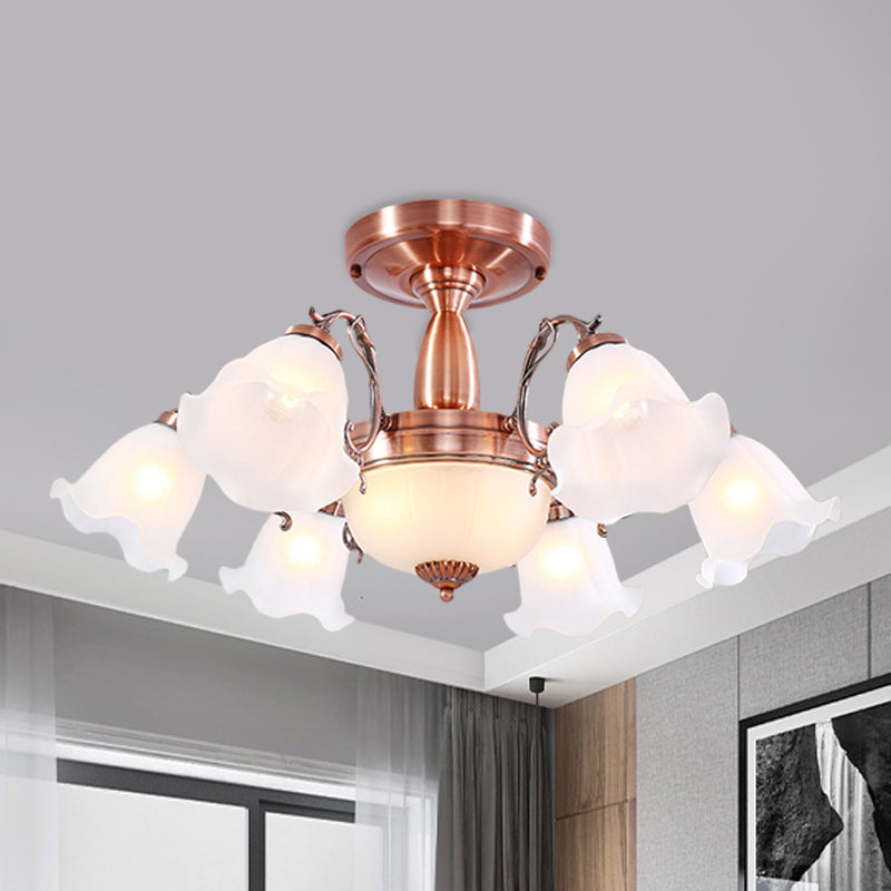 Copper 3/5/8 Lights Semi Flush Mount Lighting Country Cream Glass Flower Shape Flushmount Lamp