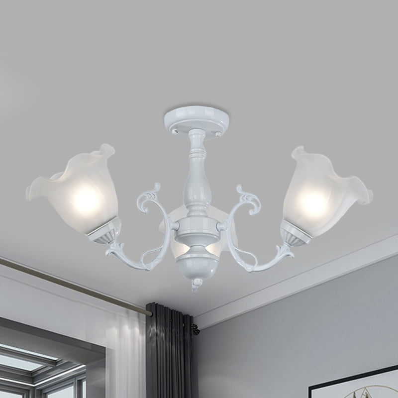 3/5-Light Flower Semi-Flush Ceiling Light Countryside White/Black Finish Cream Glass Flush Mounted Lamp