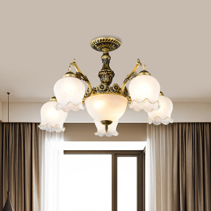 Bronze Finish Floral-Shape Semi Mount Lighting Warehouse White Glass 7/9/11-Light Living Room Ceiling Flush