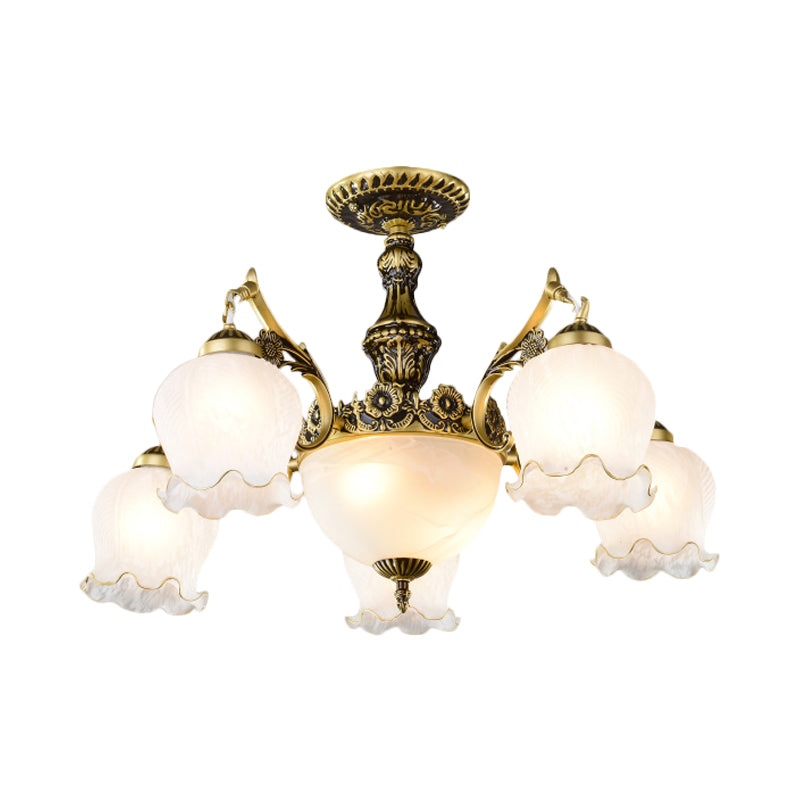 Bronze Finish Floral-Shape Semi Mount Lighting Warehouse White Glass 7/9/11-Light Living Room Ceiling Flush