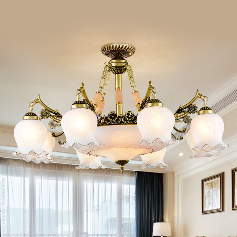 Bronze Finish Floral-Shape Semi Mount Lighting Warehouse White Glass 7/9/11-Light Living Room Ceiling Flush