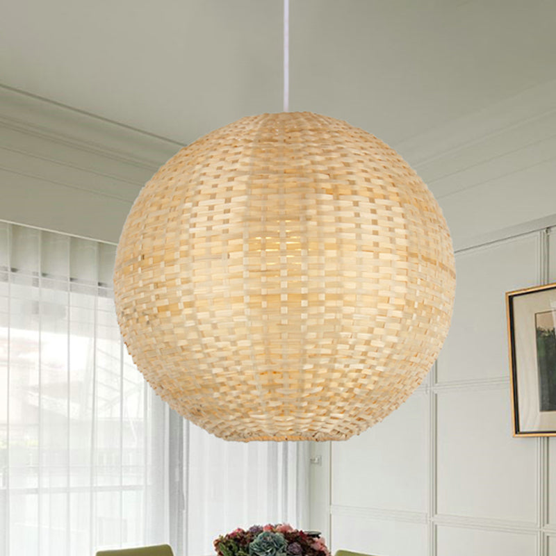 Spherical Pendant Ceiling Light Asian Bamboo 1 Bulb Beige Suspension Lighting for Restaurant