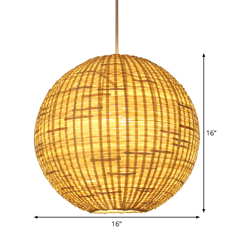 Spherical Pendant Ceiling Light Asian Bamboo 1 Bulb Beige Suspension Lighting for Restaurant