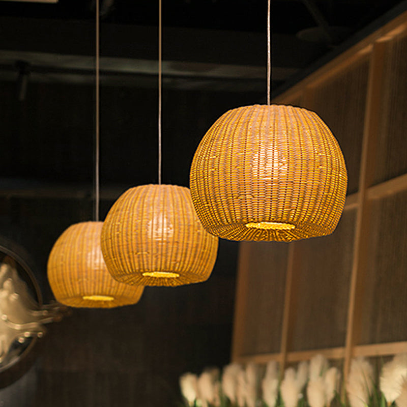 Khaki Dome Hanging Lamp Simple 1-Light Bamboo Woven Pendant Light Kit for Book Store