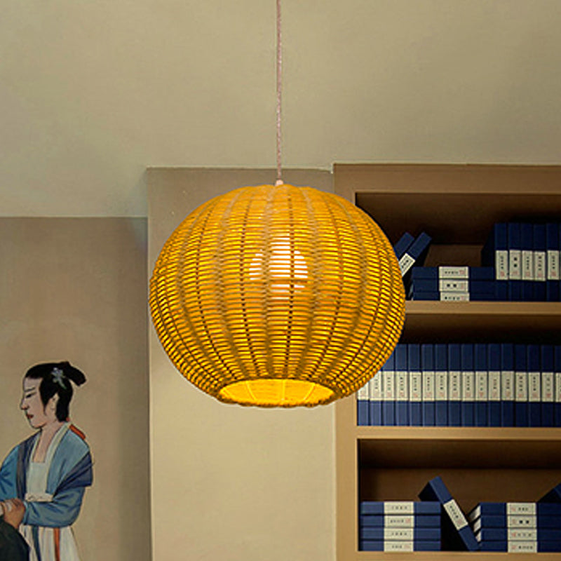 1 Bulb Restaurant Pendulum Light Chinese Beige Hanging Pendant with Globe Bamboo Shade