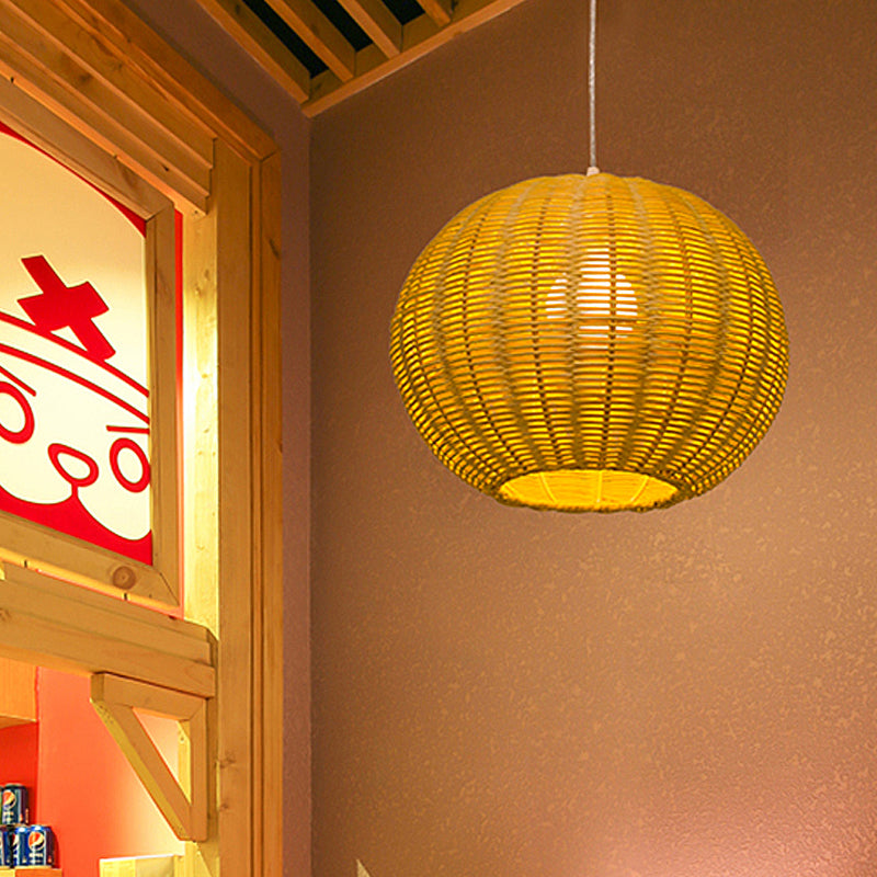 1 Bulb Restaurant Pendulum Light Chinese Beige Hanging Pendant with Globe Bamboo Shade